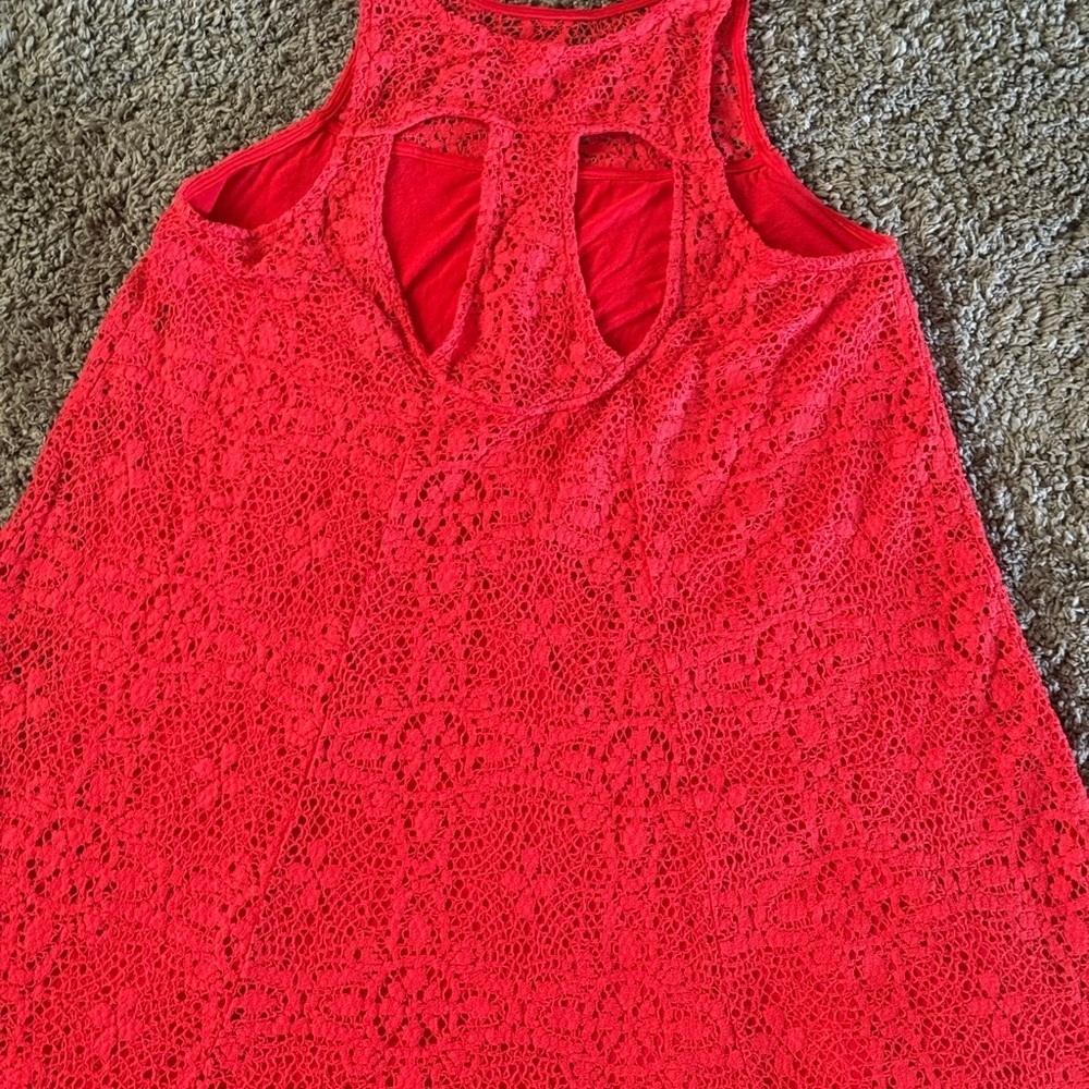 Free People Red Lace Sleeveless Sheath Dress Floral Overlay Mini Size M (Lined) - Picture 7 of 12